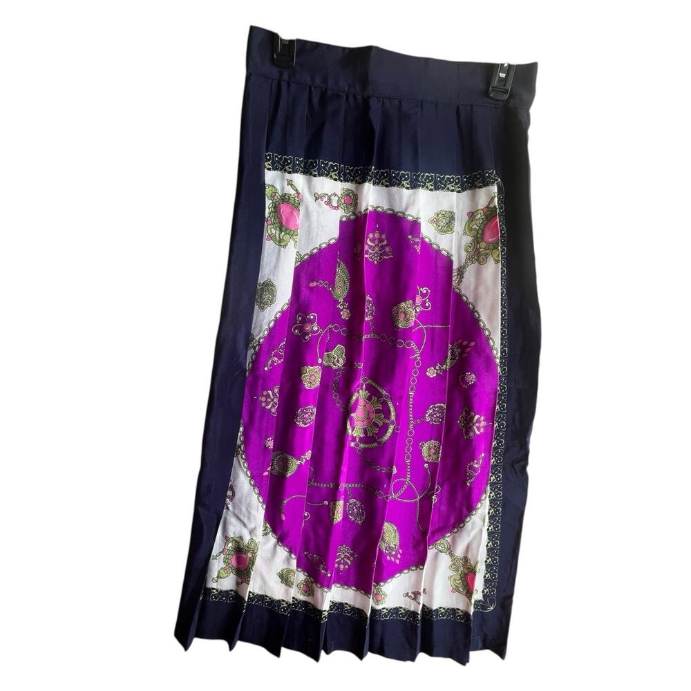 Satin Blue Pleated Midi Skirt with Paisley Scarf Motif Graphic Print Size Large
